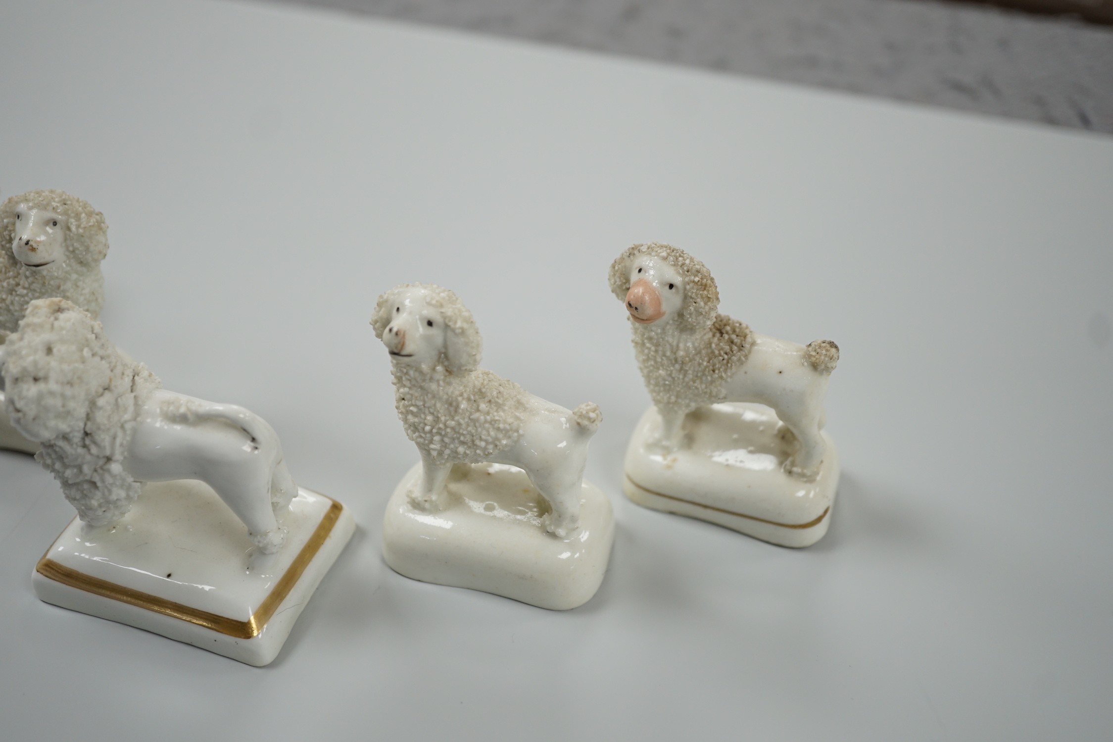 Five small Staffordshire models of poodles standing on their bases, to include a Lloyd Shelton white poodle with black muzzle, and a Lloyd Shelton white poodle with flicked tail (5), c.1830-50. Tallest 6cm, Cf. Dennis G.